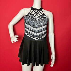 Black and white swimsuit minidress with harness style neck 🖤🤍​​​​​